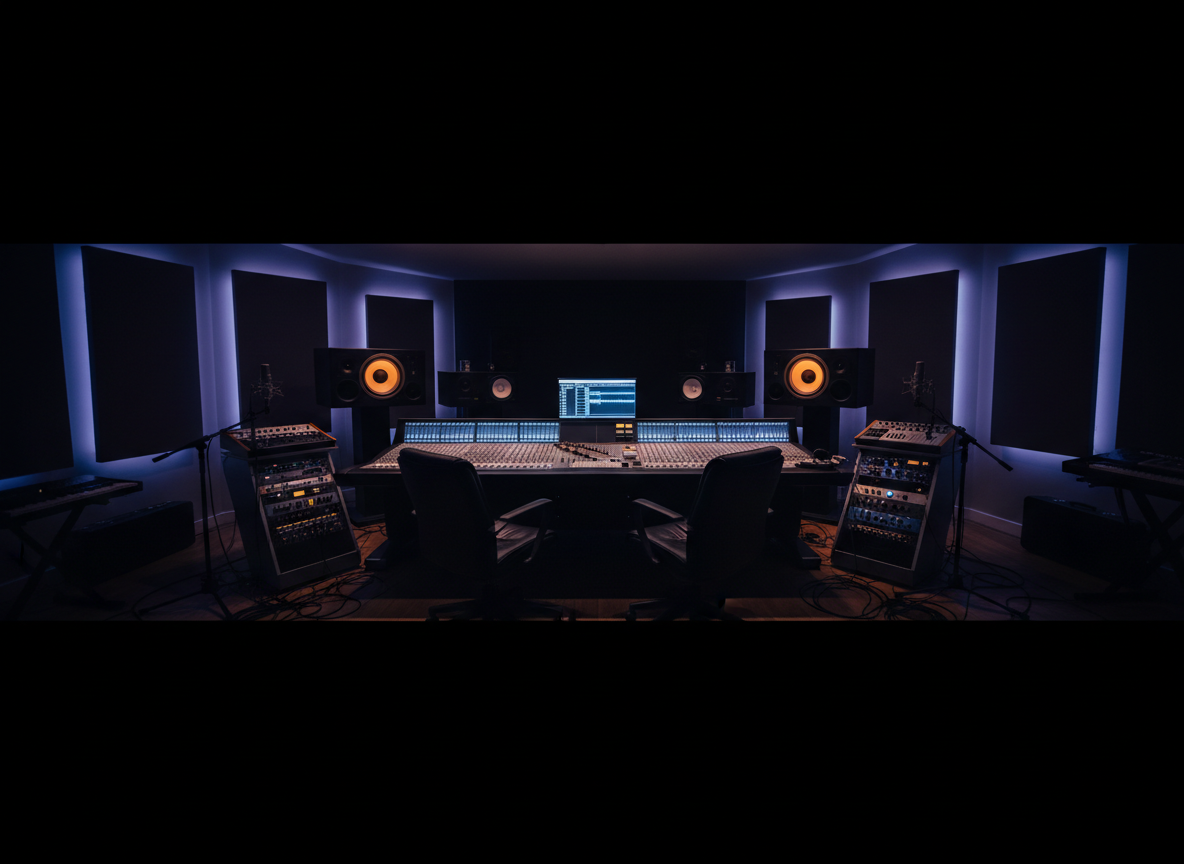 Imagen hero de un estudio de grabación musical moderno con luces tenues, fondo negro, equipo de audio profesional y un ambiente elegante y cinematográfico, estilo oscuro y musical